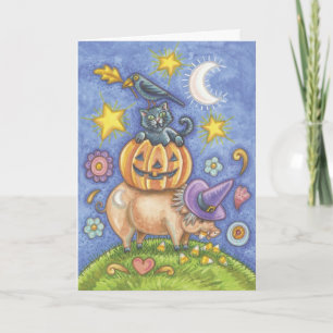 Carte de Halloween, porc, chat noir, citrouille,