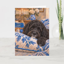 Carte de Hanoucca avec un chien d'eau portugais