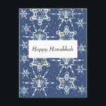 Carte de Hanoukka Starflake<br><div class="desc">Cette conception montre un motif fait à partir des flocons de neige sous forme d'étoiles de David. Les plus grands incluent des motifs de Hanoukka comme des dreidels, des lampes de Hanoukka, et des bougies. Les conceptions de flocon de neige intègrent des motifs de Hanoukka les formes six-aiguës de flocon...</div>