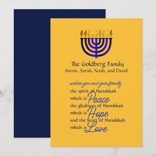 Carte de Hanukkah Blue Menorah (Devant / Derrière)