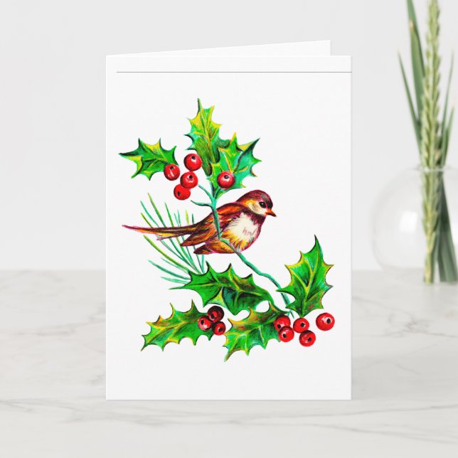 Carte de houx et d'oiseau de Noël personnalisable (Devant)