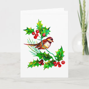 Carte de houx et d'oiseau de Noël personnalisable