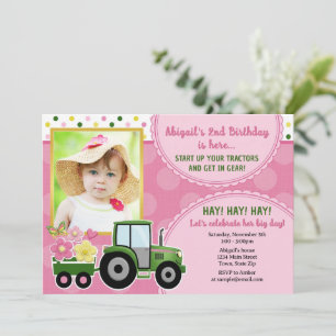 Carte de invitation d'anniversaire fille tracteur