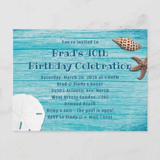 Carte de invitation pour fête sur la plage coquill (Devant)
