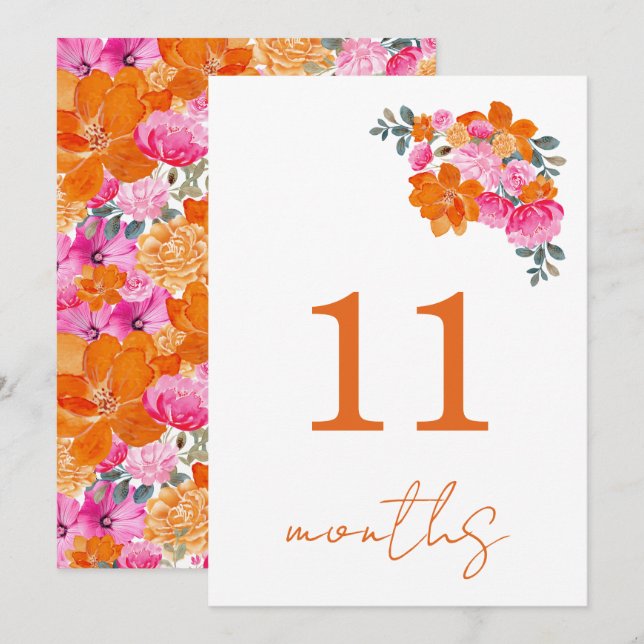 Carte de jalons bébé rose et orange 11 mois (Devant / Derrière)