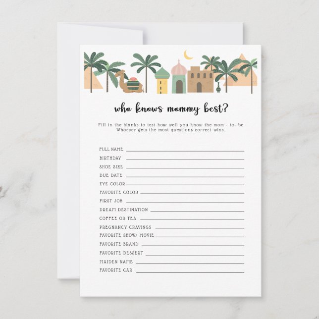 Carte de jeu Baby Shower dans le désert Qui connaî (Devant)