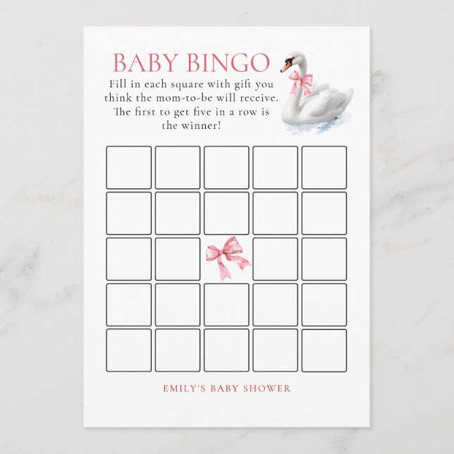 Carte de jeu Baby shower de bingo de cygne (Devant)