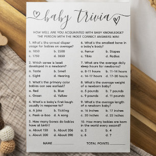 Carte de jeu baby shower Trivia