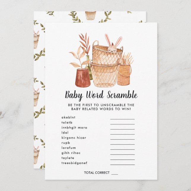 Carte de jeu baby shower Word Scramble (Devant / Derrière)
