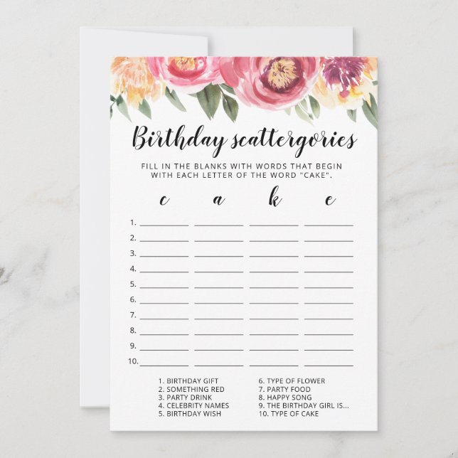 Carte de jeu Birthday Scattergories modifiable (Devant)