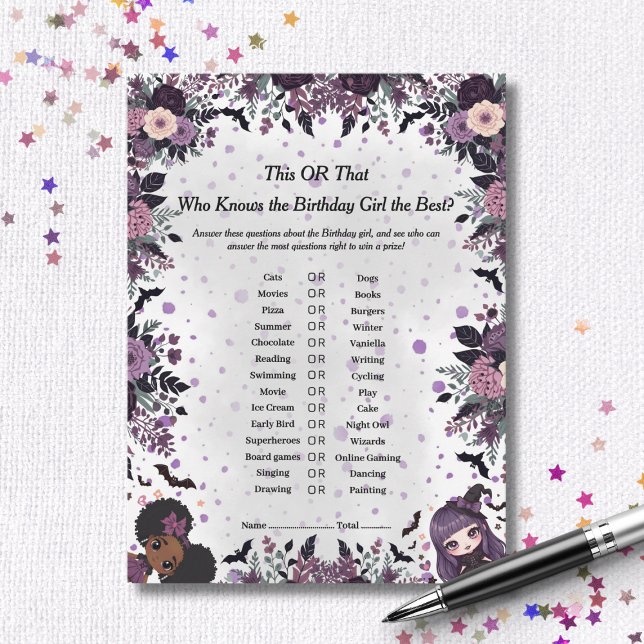 Carte de jeu "Ceci ou Cela" pour une fille d'anniv (Spooky Gothic Birthday girl This or That Game card)