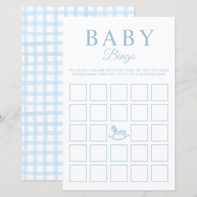 Carte de jeu de Baby shower de Bingo Blue En vichy (Devant / Derrière)
