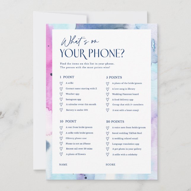Carte de jeu de Baby Shower de contenu de téléphon (Devant)