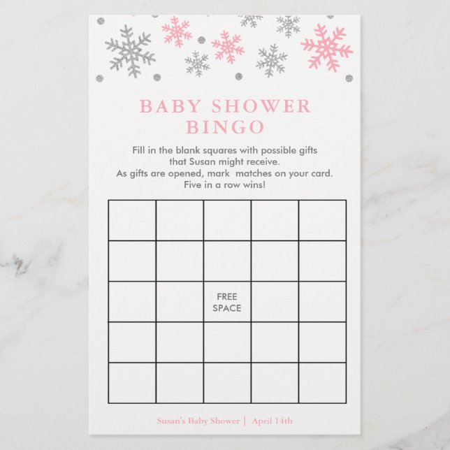Carte de jeu de Baby shower de flocon de neige ros (Devant)