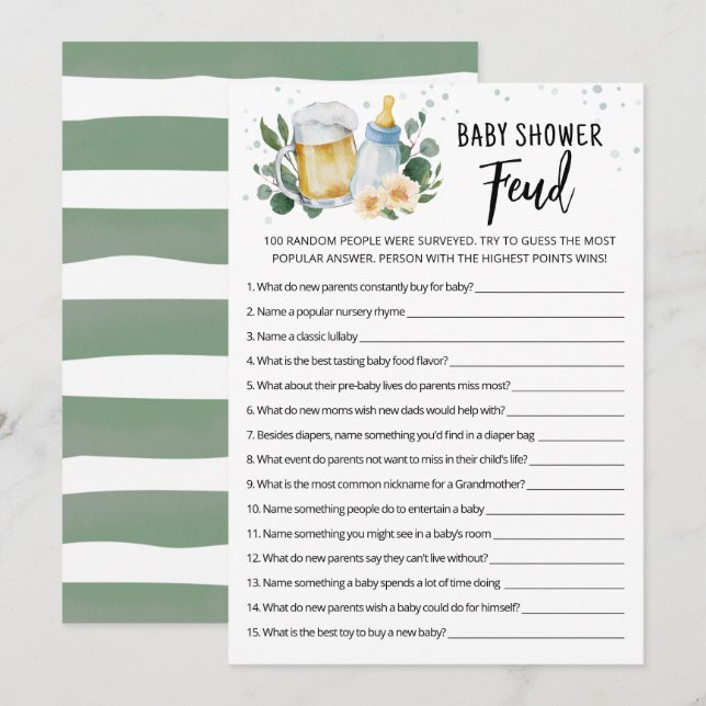 Carte de jeu de Baby Shower Feud de Greenery Brewi (Devant / Derrière)