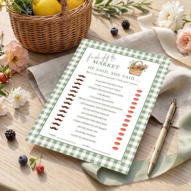 Carte de jeu de baby shower Gingham Market He She  (Créateur téléchargé)
