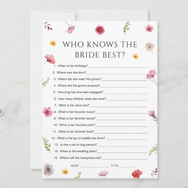 Carte de jeu de baby shower pour mariée Fleur sauv (Devant)
