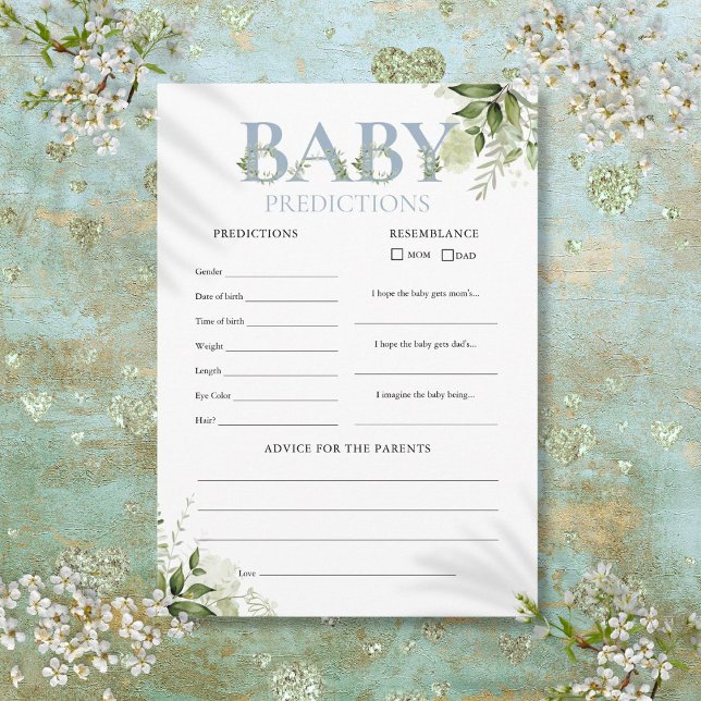 Carte de jeu de baby shower pour prédictions de bé (Baby Predictions Greenery Baby Shower Game Card)