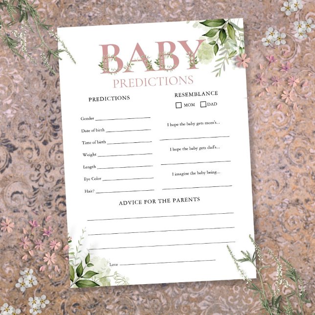 Carte de jeu de baby shower pour prédictions de bé (Baby Predictions Greenery Baby Shower Game Card)