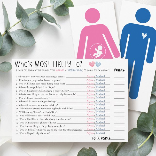 Carte de jeu de Baby Shower "Qui est le plus susce (Funny cute Who's Most Likely To mommy-to-be and daddy personalized name fun couple shower game card)
