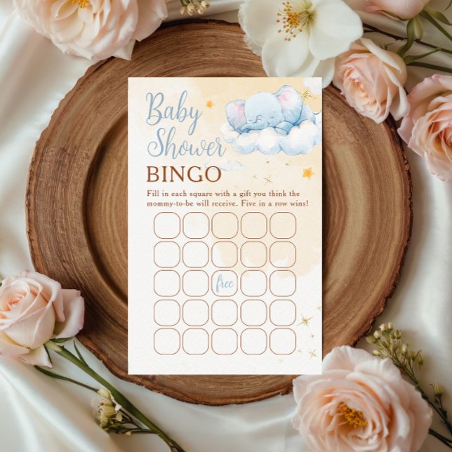Carte de jeu de bingo Baby Shower Éléphant Bleu Nu (Créateur téléchargé)