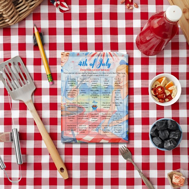 Carte de jeu de Bingo barbecue 4 juillet grillade (BBQ Cookout grill 4th of July Bingo game card)