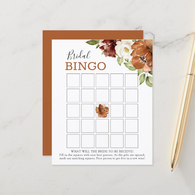 Carte de jeu de bingo de mariage floral bordeaux o (Devant/Arrière en situation)