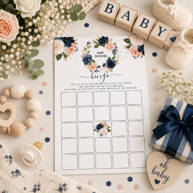 Carte de jeu de bingo pour baby shower avec fleurs (Navy floral baby shower bingo game card featuring elegant blue watercolor florals)
