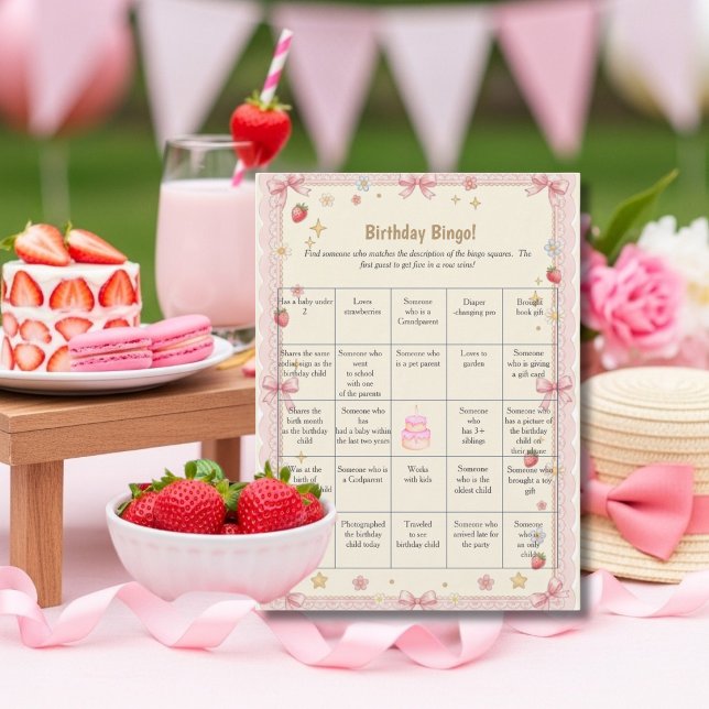 Carte de jeu de Bingo pour les invités à l'anniver (Bows Birthday Find Guest Bingo game card)