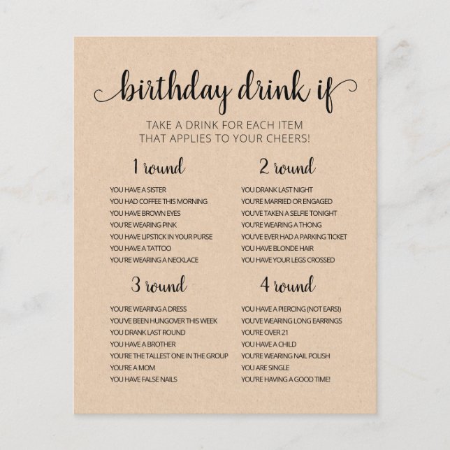 Carte de jeu de boisson pour fête d'anniversaire m (Devant)