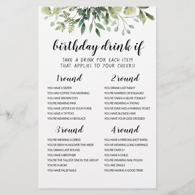 Carte de jeu de boisson pour fête d'anniversaire m (Devant)