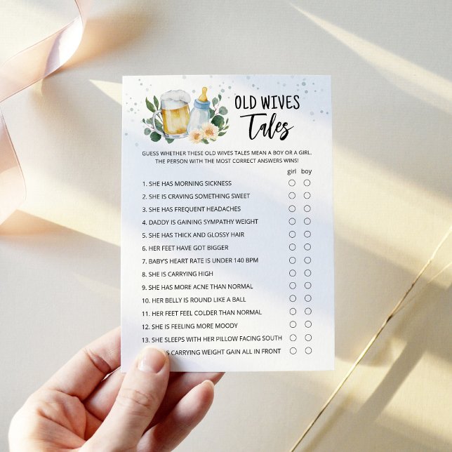 Carte de jeu de contes de bonnes femmes Greenery B (Beer and Floral Baby is Brewing Baby Shower Old Wives Tales Game Card)