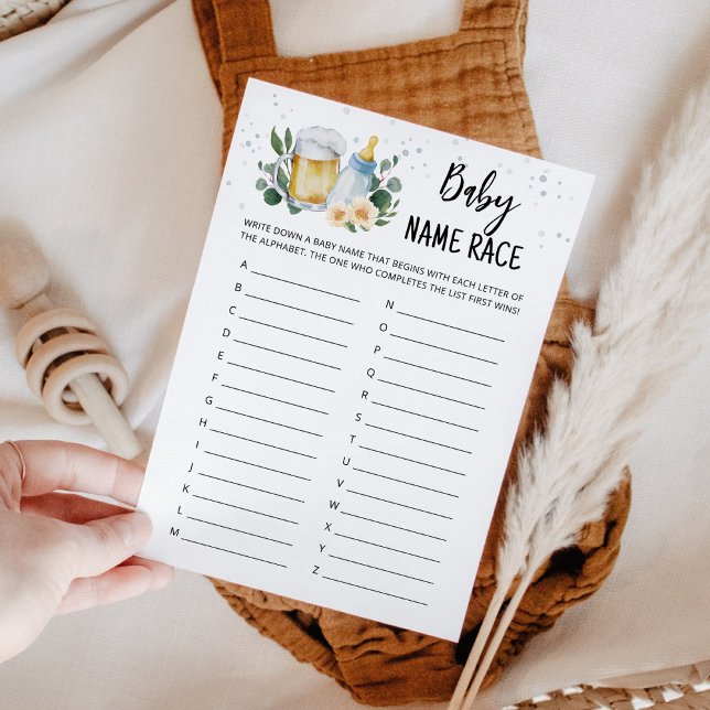 Carte de jeu de course de noms de bébé Greenery Ba (Beer Sage Green Baby Shower Baby Name Race Game)