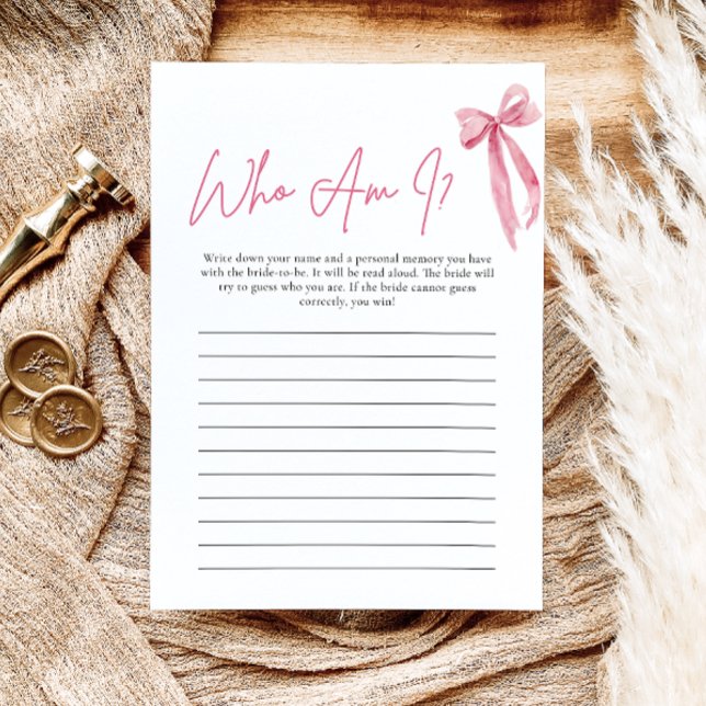 Carte de jeu de douche de mariage Blush Pink Bow W (Blush Pink Bow Who Am I Bridal Shower Game )