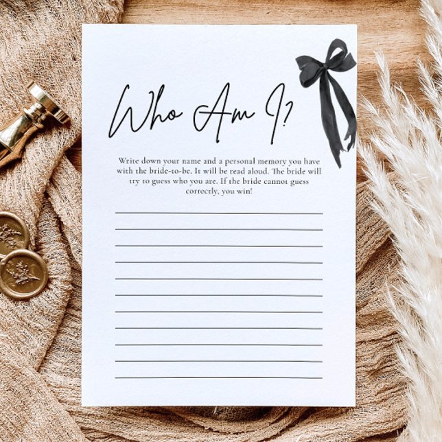 Carte de jeu de douche de mariée Qui suis-je au ru (Modern Black Bow Who Am I Bridal Shower Game)