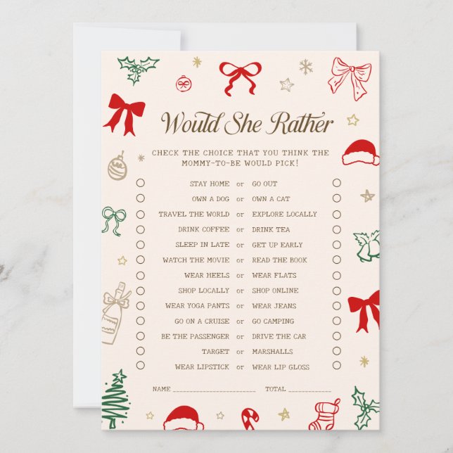 Carte de jeu de fête de bébé de Noël 'Préférerait- (Devant)