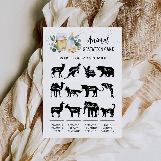 Carte de jeu de gestation animale Baby Is Brewing (Beer and Floral Baby Shower Game Baby Animal Gestation Game)