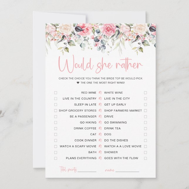 Carte de jeu de mariage Blush Floral Would She Rat (Devant)