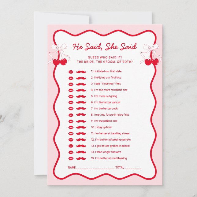 Carte de jeu de mariage Cherry He Said She Said (Devant)