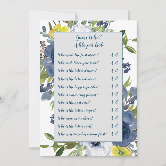 Carte de jeu de mariage floral bleu jaune (Devant)