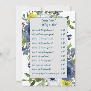 Carte de jeu de mariage floral bleu jaune