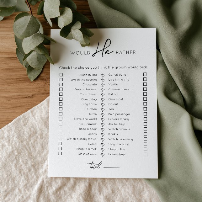 Carte de jeu de mariage modifiable "Would He Rathe (Would He Rather editable Wedding game)