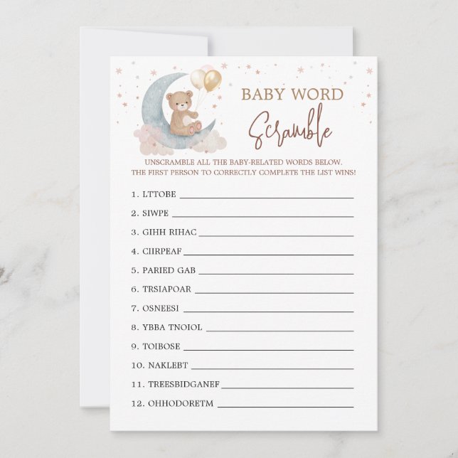 Carte de jeu de mots mêlés pour Baby Shower 'Over  (Devant)
