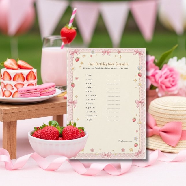 Carte de jeu de mots mêlés pour le premier anniver (Bow First Birthday Word Scramble Game card)