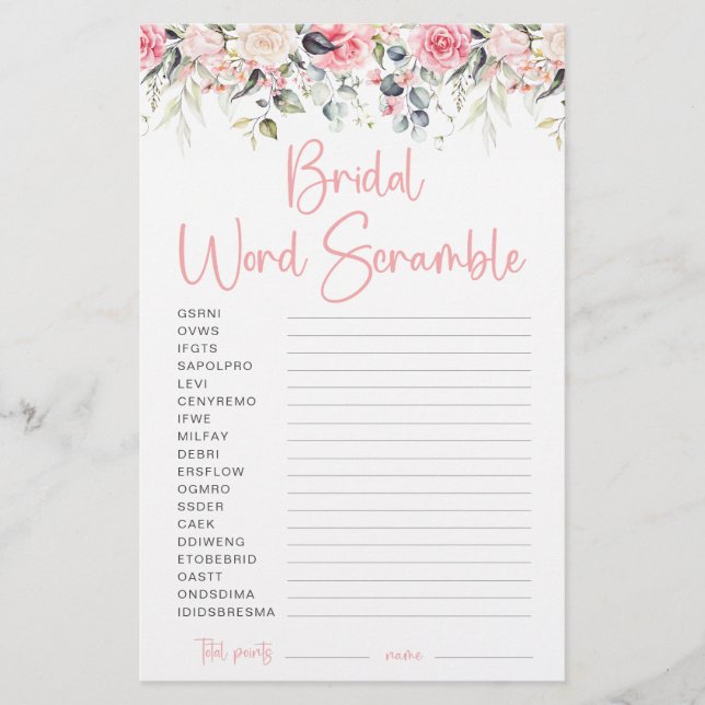 Carte de jeu de mots mêlés pour mariage | Blush Fl (Devant)