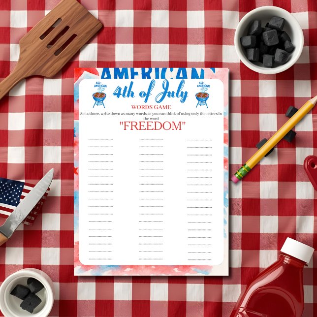 Carte de jeu de mots pour le jour de l'Indépendanc (4th of July Indepence day BBQ Words game card)