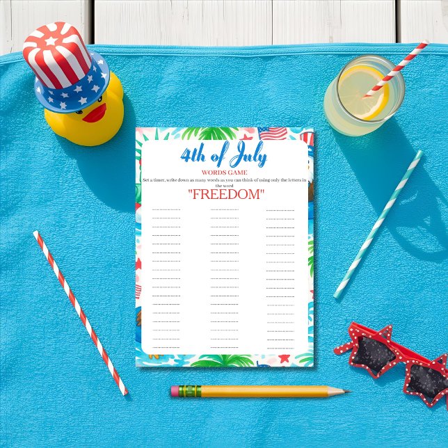 carte de jeu de mots pour le jour de l'Indépendanc (4th of July Indepence day pool Words game card)
