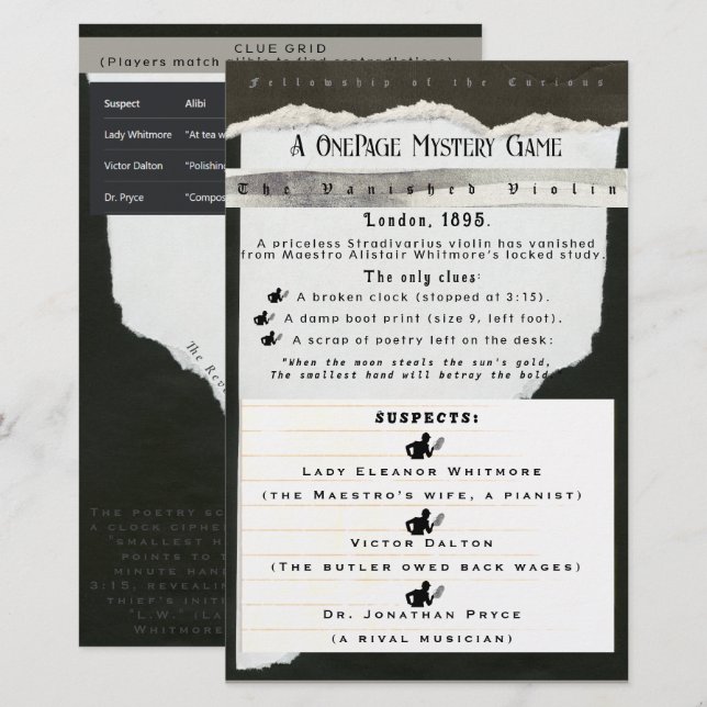 Carte de jeu de mystère de soirée interactive amus (Devant / Derrière)