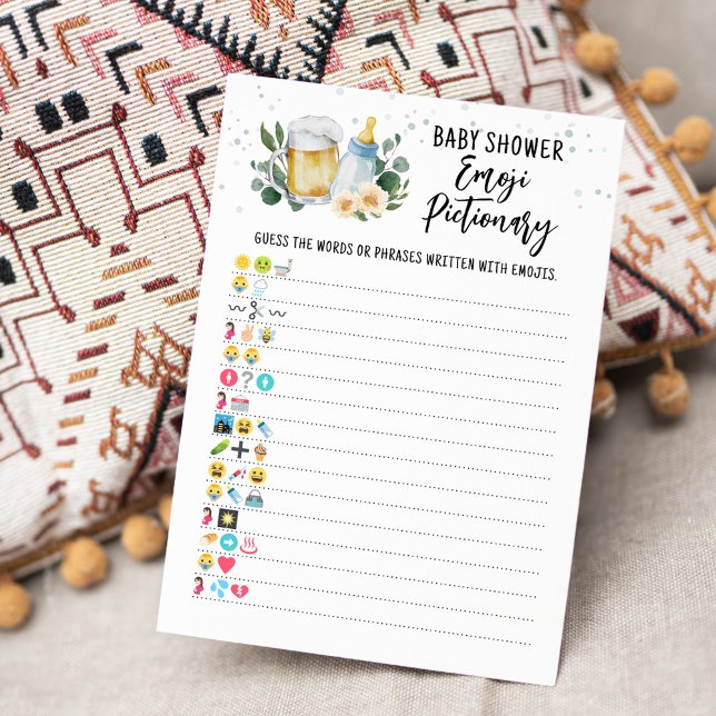 Carte de jeu de Pictionary avec un bébé en prépara (Beer Sage Green Baby Shower Baby Emoji Pictionary Game)
