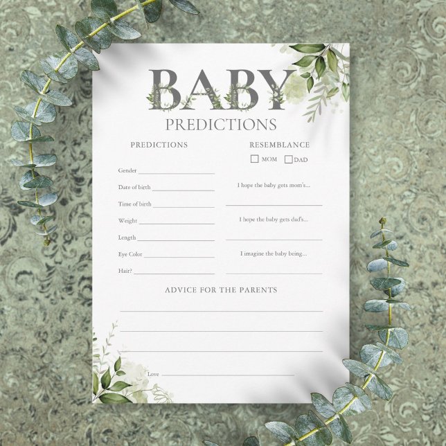 Carte de jeu de Prédictions Bébé pour Baby Shower  (Baby Predictions Greenery Baby Shower Game Card)